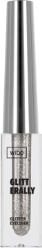 Srebrny brokatowy eyeliner Wibo Glitterally w przezroczystej butelce z metaliczną zakrętką, widok z przodu.