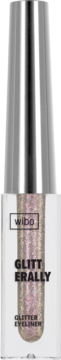 Pionowe zdjęcie brokatowego eyelinera Wibo Glitterally, z srebrną nakrętką i mieniącym się złotym płynem.