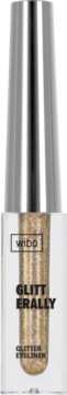 Złoty brokatowy eyeliner Wibo Glitterally w przezroczystej butelce ze srebrnym, pionowym aplikatorem, widok z przodu.