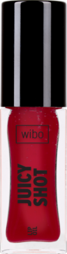 Wibo Juicy Shot nawilżający olejek do ust w przezroczystej butelce z czarną nakrętką, widok z przodu.