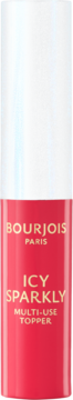 BOURJOIS Icy Sparkly multi-use topper w różowej buteleczce z białą nakrętką, widok z przodu.
