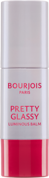 BOURJOIS Pretty Glassy Luminous Balm, biało-różowy rozświetlacz w sztyfcie z różowym napisem, widok z przodu.