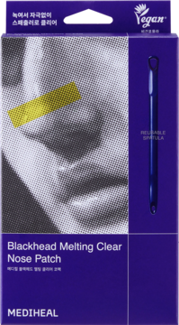 Fioletowe pudełko Mediheal Blackhead Melting Clear Nose Patch, wegańskie, z niebieską szpatułką, widok z przodu.