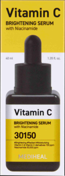 Mediheal Vitamin C Brightening Serum, 40ml, w żółtym opakowaniu kartonowym z butelką z ciemnym zakraplaczem.