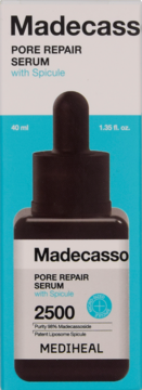Opakowanie serum Mediheal Madecass Pore Repair ze spikulami 40ml, biało-turkusowe, z ciemną butelką. Widok z przodu.