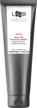 AA LAAB Men Multi-żel do mycia twarzy nawilżająco-normalizujący z peptydami i prebiotykami, szara tubka, widok z przodu.