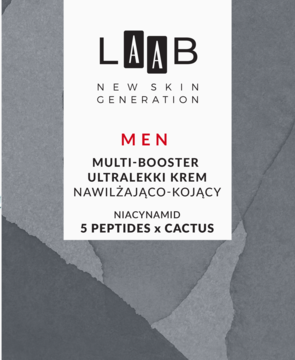 AA LAAB Men ultralekki krem do twarzy z niacynamidem, białe opakowanie z czerwonym MEN, widok z przodu.