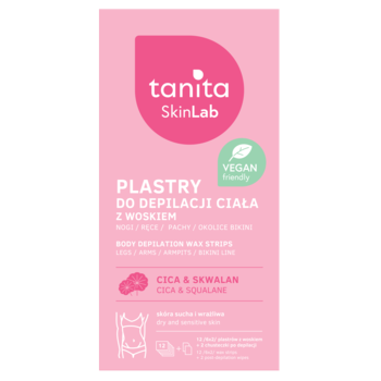 Różowe opakowanie plastrów do depilacji Tanita SkinLab CICA & Squalane, dla skóry wrażliwej, widok z przodu.
