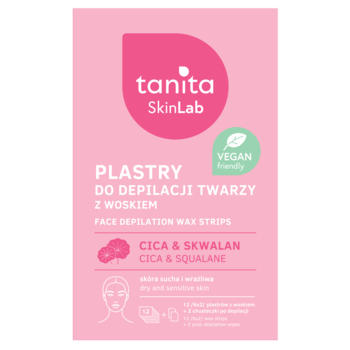 Różowe opakowanie plastrów do depilacji twarzy Tanita SkinLab z CICA & SQUALANE, wegańskie, widok z przodu.