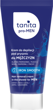 Ciemnoniebieska tuba Tanita Pro-MEN Iron Smooth, krem do depilacji pod prysznic dla mężczyzn, widok z przodu.