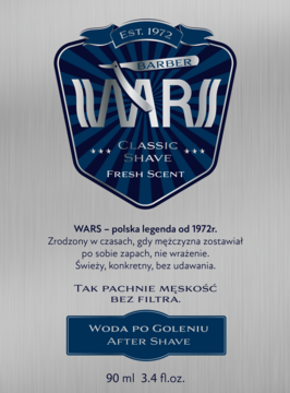 Woda po goleniu Wars Classic Shave Fresh Scent, niebiesko-srebrna butelka z logo barbera, widok z przodu.