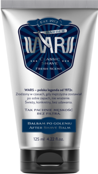 Srebrna tuba balsamu po goleniu WARS Classic Shave Fresh Scent z granatową etykietą, widok z przodu.