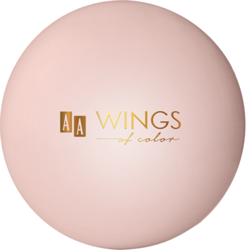 Jasnoróżowy, okrągły róż rozświetlający AA Wings of Color Power of Glow ze złotym logo, widok z przodu.