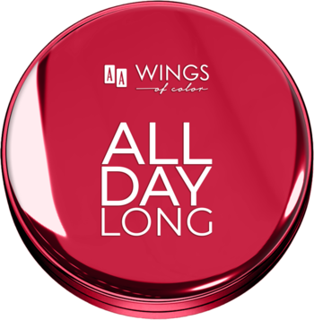AA Wings of Color All Day Long prasowany puder utrwalający matujący, czerwona okrągła puderniczka, widok z góry.