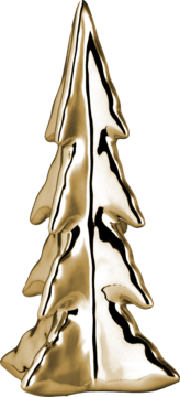 Złota, połyskująca figurka choinki o płynnym, metalicznym kształcie, widoczna z przodu na czarnym tle.