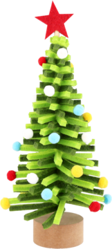 Mini choinka z zielonych pasków filcu, z czerwoną gwiazdą i różnokolorowymi pomponami, na brązowej podstawie.