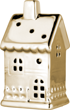 Dekoracyjny świecznik w kształcie jasnego, ceramicznego domku z kominem, widok z przodu, błyszczące wykończenie.