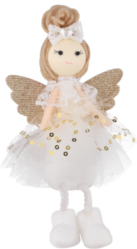 Lalka aniołek w białej sukience z koronki i złotych cekinów, brokatowe skrzydła, włosy z kokardką, widok z przodu.