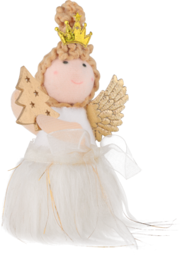 Uśmiechnięta figurka anioła w białej sukience, ze złotymi skrzydłami i koroną, trzymająca drewniane drzewko.