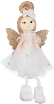 Wisząca figurka anioła z blond włosami upiętymi w kok, złotymi skrzydłami i białą sukienką z cekinami.