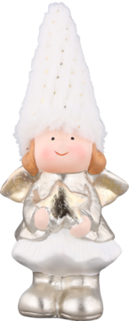 Biała figurka aniołka świątecznego w futrzanej czapce, ze złotymi skrzydłami i gwiazdką, widok z przodu.