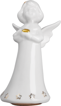 Biała porcelanowa figurka anioła z delikatnymi złotymi gwiazdkami, trzymająca złoty detal, ujęcie z boku.