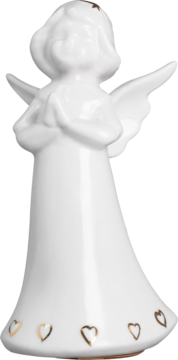 Biały, ceramiczny aniołek z modlącymi się rękami i złotymi serduszkami u podstawy, widok z przodu.