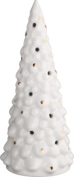 Biała ceramiczna choinka świąteczna z wypukłymi gałązkami, ozdobiona złotymi i ciemnymi kropkami, widok z przodu.