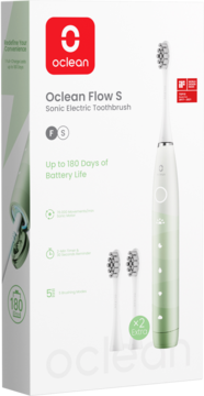 Frontowe opakowanie zielonej szczoteczki sonicznej Oclean Flow S, podkreśla 180 dni baterii, plus 2 główki.