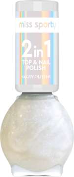 Miss Sporty 2w1 lakier do paznokci Glow Glitter, biała butelka z opalizującym brokatem, widok z przodu.