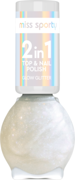 Miss Sporty 2w1 lakier do paznokci Glow Glitter, biała butelka z opalizującym brokatem, widok z przodu.