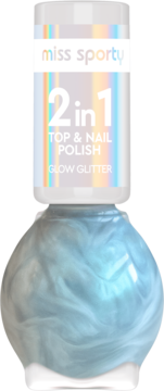 Miss Sporty 2w1 Glow Glitter brokatowy lakier do paznokci, butelka z opalizującym błękitem, widok z przodu.