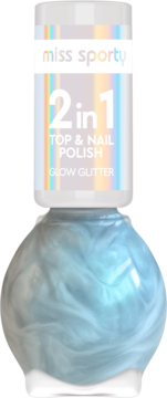 Miss Sporty 2w1 Glow Glitter brokatowy lakier do paznokci, butelka z opalizującym błękitem, widok z przodu.
