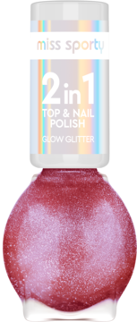 Miss Sporty Glow Glitter 2w1 Top & Nail Polish, brokatowy różowy lakier w butelce, widok z przodu.