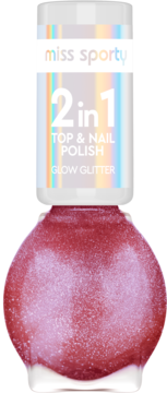 Miss Sporty Glow Glitter 2w1 Top & Nail Polish, brokatowy różowy lakier w butelce, widok z przodu.