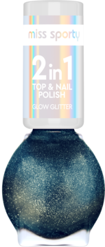 Miss Sporty 2 in 1 Glow Glitter lakier do paznokci, ciemny granat ze złotym brokatem, widok z przodu.