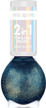 Miss Sporty 2 in 1 Glow Glitter lakier do paznokci, ciemny granat ze złotym brokatem, widok z przodu.