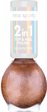 Brokatowy lakier do paznokci Miss Sporty Glow Glitter 2w1, brązowa butelka z białym korkiem, widok z przodu.