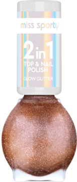 Brokatowy lakier do paznokci Miss Sporty Glow Glitter 2w1, brązowa butelka z białym korkiem, widok z przodu.