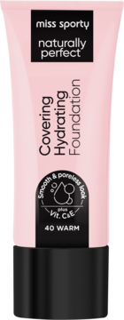 Różowa tubka podkładu Miss Sporty Naturally Perfect Covering Hydrating Foundation, witaminy C&E, odcień 40 WARM, widok z przodu.
