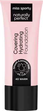 Różowa tubka podkładu Miss Sporty Naturally Perfect Covering Hydrating Foundation, witaminy C&E, odcień 40 WARM, widok z przodu.