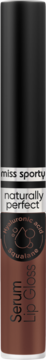Pionowe ujęcie brązowego błyszczyka Miss Sporty Naturally Perfect Lip Serum z czarną nakrętką, widocznym tekstem Serum Lip Gloss.