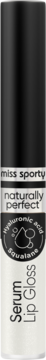 Błyszczyk-serum Miss Sporty Naturally Perfect w tubce z czarną nakrętką, pionowe ujęcie z przodu, widoczne składniki.