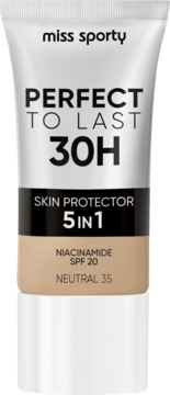 Miss Sporty Perfect to Last 30H 5in1 matujący podkład w białej tubce, odcień Neutral 35, SPF 20, widok z przodu.