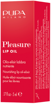 Czerwony olejek do ust PUPA Milano Pleasure LIP OIL 5ml z eliksirem z arbuza, opakowanie pionowe.