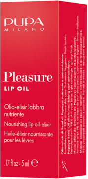 PUPA MILANO Pleasure LIP OIL z eliksirem z nasion papai w czerwonym kartoniku, widok z przodu, napisy.