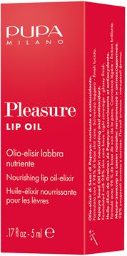 PUPA MILANO Pleasure LIP OIL z eliksirem z nasion papai w czerwonym kartoniku, widok z przodu, napisy.