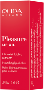 PUPA MILANO Pleasure LIP OIL, odŹywczy olejek do ust z eliksirem truskawkowym, czerwone opakowanie, prz3d.