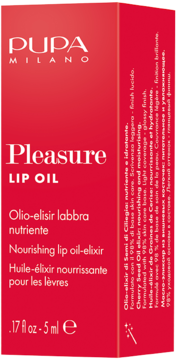 PUPA MILANO Pleasure Lip Oil, 5ml, w czerwonym opakowaniu, odżywczy eliksir z pestek wiśni, widok z przodu.