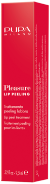Czerwone opakowanie PUPA Milano Pleasure Lip Peeling, zabieg do ust, widok z przodu i z boku na stojąco.